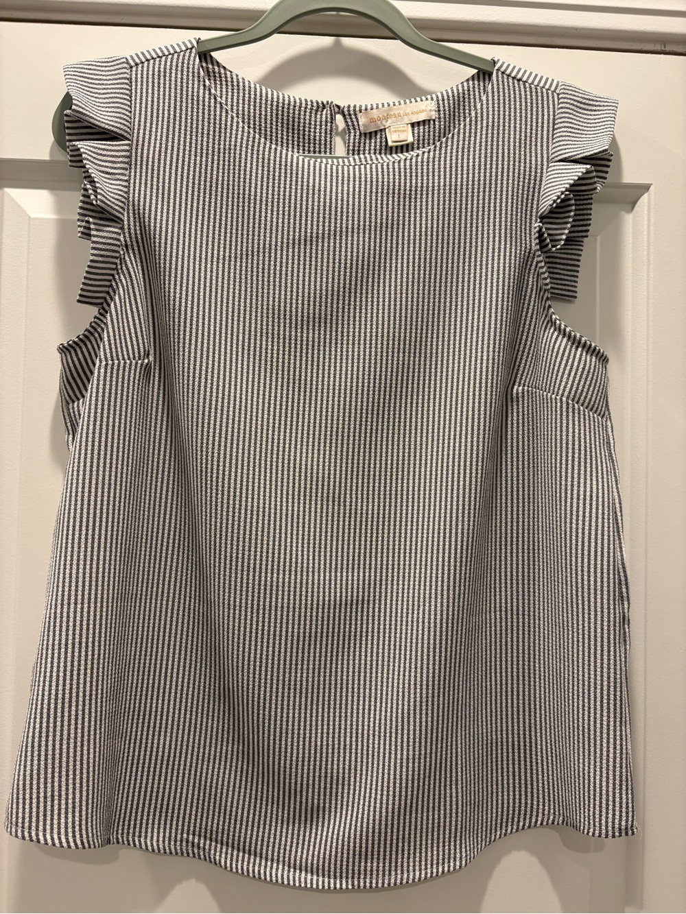Monteau Grey and White Striped Ruffle Sleeve Blouse
